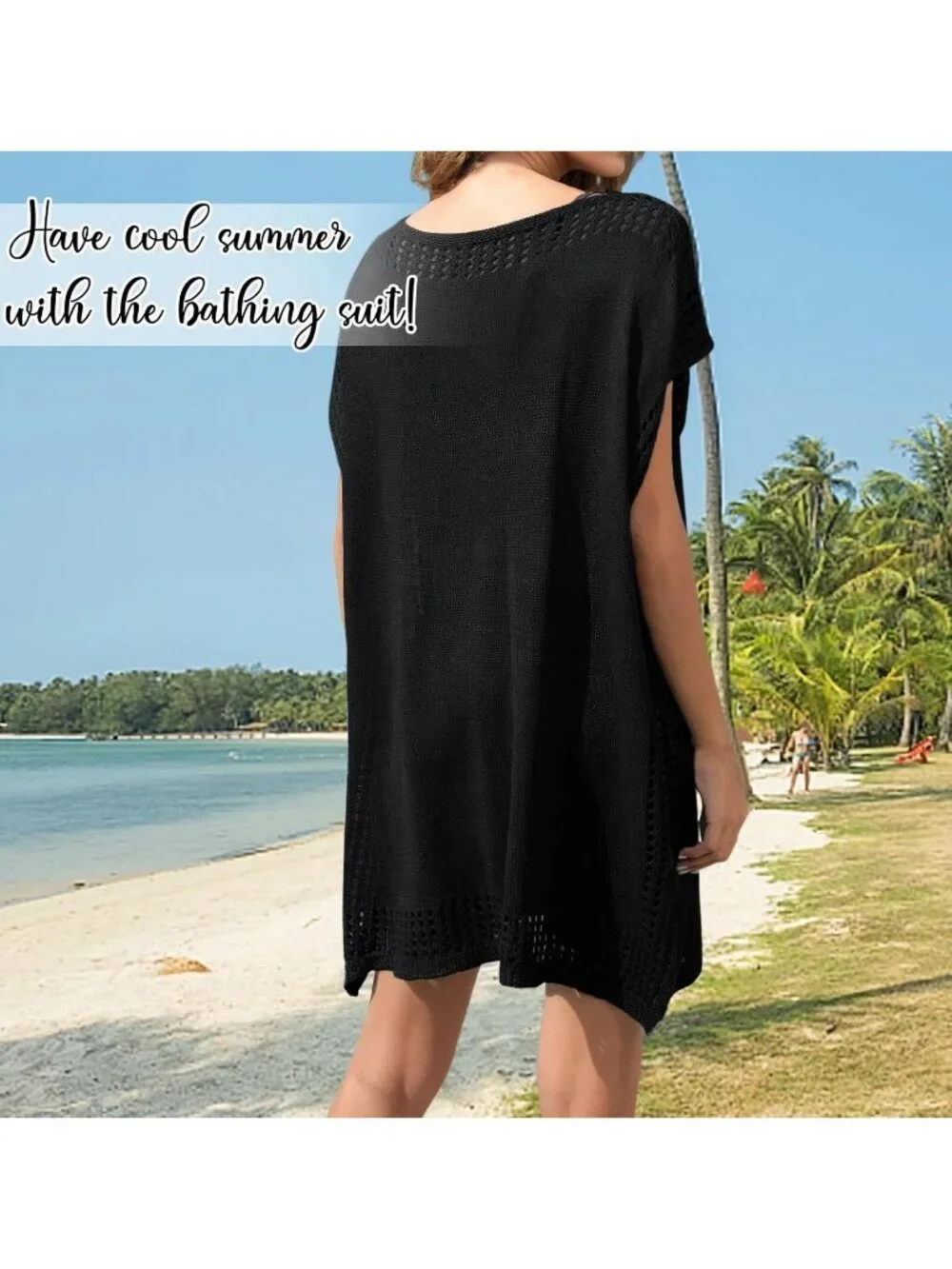 Women's Thin Black One Size Polyester Crochet Summer Swimsuit Coverup Dress
